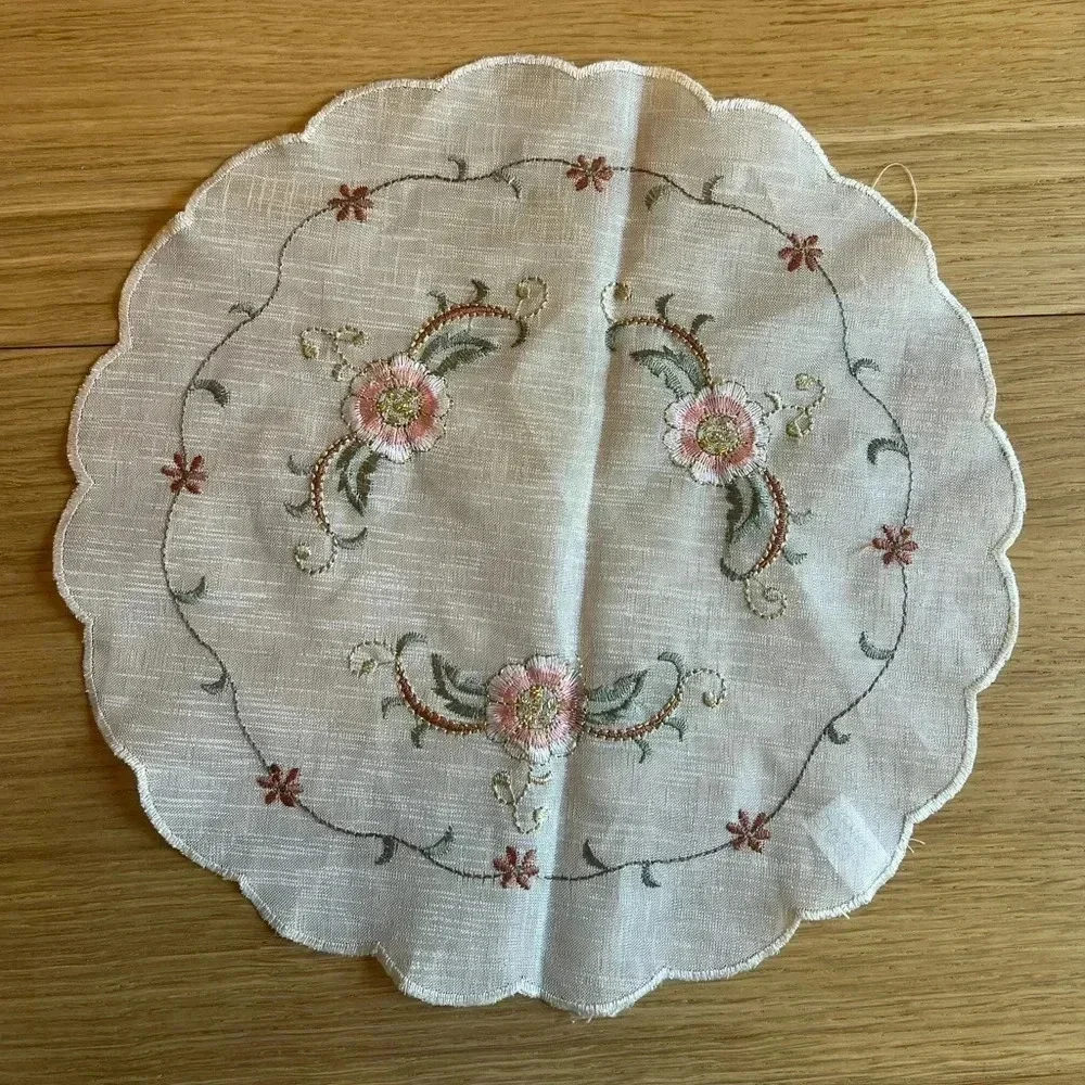 Vintage Hand-Embroidered Round Lace Doily - 11” Floral Design